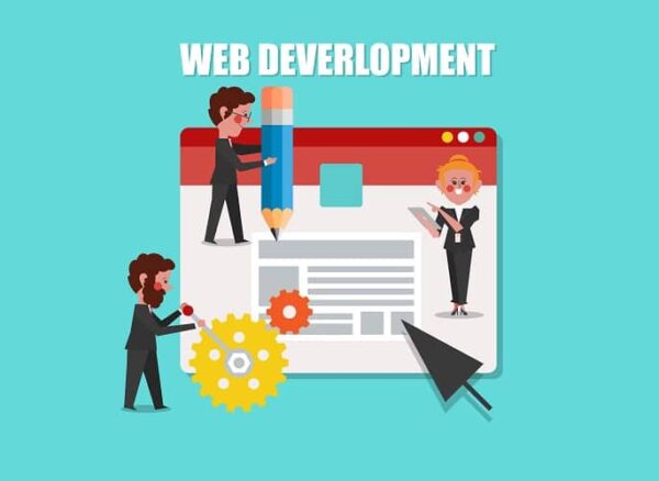 Web Development, SEO Concept Design Cartoon Character flat style B2B web design agencies team collaborating on website development